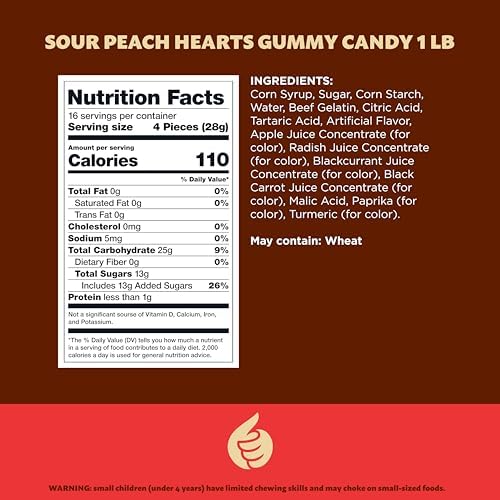 Peach Hearts Gummy Candy | 1-Pound Bag | Sweet and Sour Dye Free Candy Hearts | Soft Peach Gummies for Gifting, Buffets, Party Favors and Dessert Topping