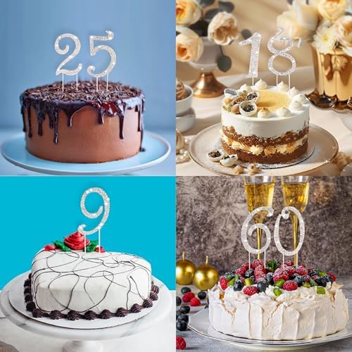 BEIDHIA Number Cake Topper 0-9,Silver Bling Rhinestone Happy Birthday Cake Topper for 4th 16th 18th 21st 30th 40th 60th 70th Birthday Party Anniversary Wedding Cake Decorations