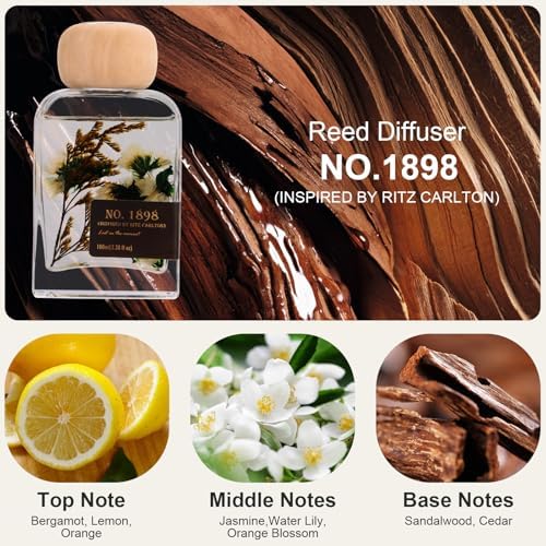Luxury Hotel Scent Reed Diffuser 100ml (3.38oz) | No.1898 Hotel Collection Diffuser Oil Inspired by Ritz Carlton | Home, Bathroom & Office Decor | Long-Lasting Room Freshener Gift Set