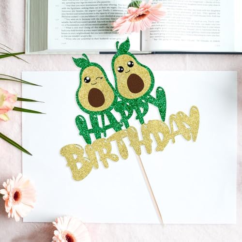 Glitter Avocado Happy Birthday Cake Topper, Summer Fiesta Fruit Theme Party Decoration (avocado)