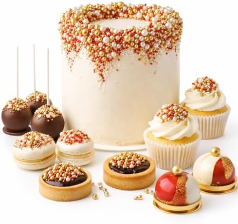 Confect Red, White & GRed White Gold Sprinkle Mix – Bake Stable Non Bleeding Edible Pearls & Metallic Dragees for Cake Decorating, Cupcakes, Cookies & Desserts (4.2 oz)