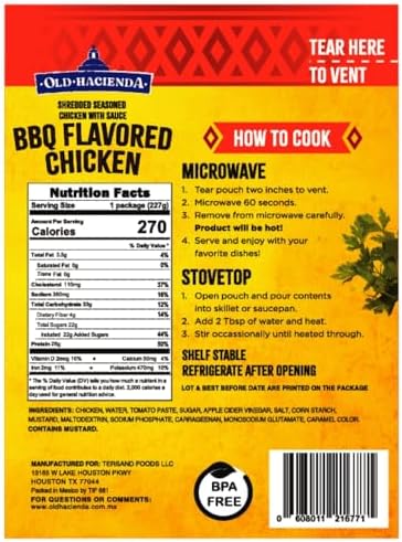 Old Hacienda BBQ Flavored Chicken | 100% Shredded Seasoned Chicken with Sauce | Fully Cooked & Ready to Eat | 26g Protein | No Preservatives or Artificial Flavors | BPA Free Pouch | Pack of 3-8oz