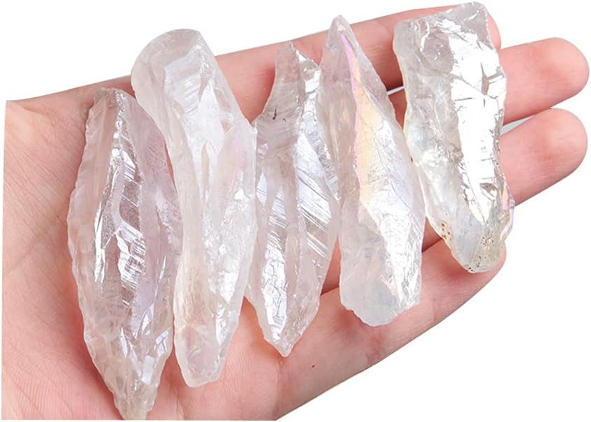 Acxico 5 Pcs Titanium Rainbow Aura Lemurian Quartz White Crystal Point Healing