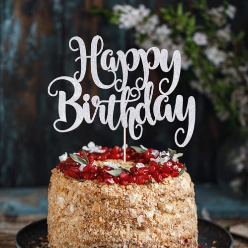 Happy Birthday Cake Topper- Glitter Happy Birthday Cake Decor, Handmade Anniversary/Birthday Party Supplies (Silver)