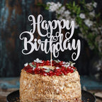 Happy Birthday Cake Topper- Glitter Happy Birthday Cake Decor, Handmade Anniversary/Birthday Party Supplies (Silver)