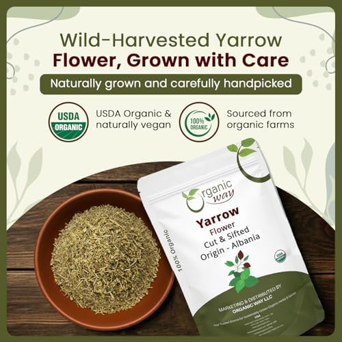 Organic Way Yarrow Flower Cut & Sifted (Achillea millefolium) - Herbal Tea | European Wild-Harvest | Kosher & USDA Certified | Vegan, Non-GMO & Gluten Free | 100% Raw from Albania (1LBS / 16Oz.)