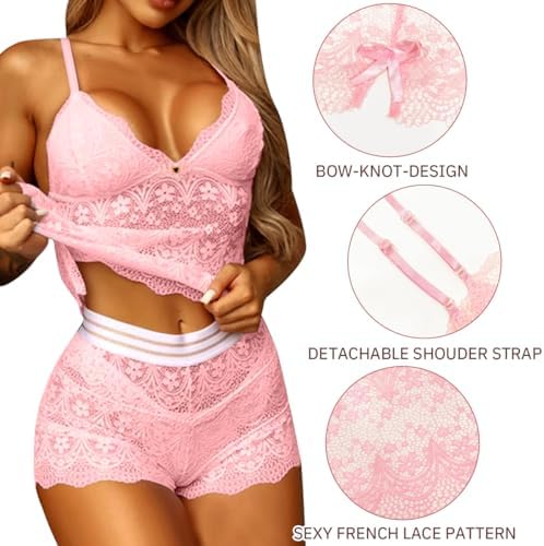 Sexy Sheer Floral Lace Pajamas Lingerie High Waist Sleepwear Bra and Panty 2 Piece Nightwear Underwear Cami Shorts