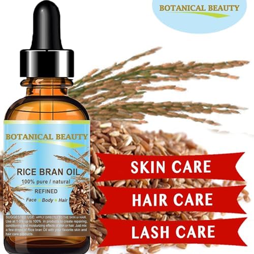 Botanical Beauty RICE BRAN OIL 100% Pure Natural Refined Undiluted Cold Pressed Carrier Oil for Face, Skin, Body, Hair, Massage, Nails. (1 Fl Oz)