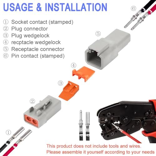 GRZWAYS DTP Connector Kit 2 Pin Automotive IP67 Waterproof Electrical Connectors Plug 3 Sets Terminals Pin Sockets Current Rating 30 Amps (Wire Size Range 12-10 AWG)