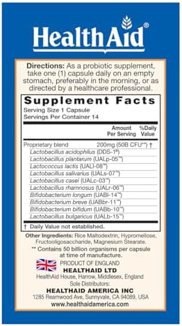 HealthAid ImmuProbio – Once-Daily 50 Billion CFU Probiotic with Prebiotic Fiber (FOS) | 30 Strains Including DDS‑1 | Acid & Bile Resistant, Room‑Temperature Stable, Vegan – 14 Capsules