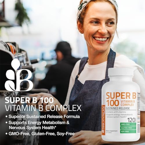 Bronson Super B100 Vitamin B Complex Sustained Release Contains All B Vitamins (Vitamin B1, B2, B3, B6, B9 - Folic Acid, B12), 120 Tablets