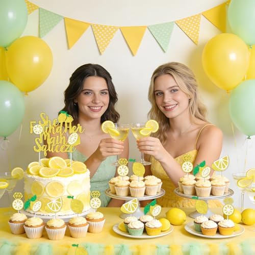 25PCS Lemon Bridal Shower Cake Decorations, She Found Her Main Squeeze Cake Topper and Lemonade Cupcake Toppers, Glitter Fruit Theme Wedding Engagement Bachelorette Birthday Party Supplies