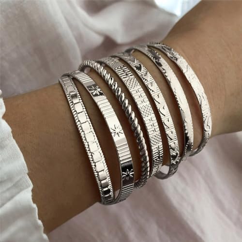 IFKM Gold Bangle Bracelets For Women, 14k Gold Plated Multi Layer Stackable Cuff Bracelet Set, Trendy Elegance Charms Non Tarnish Minimalist Textured Boho Jewelry Gift for Women