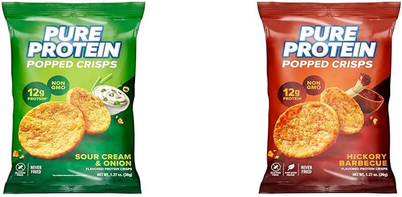 Pure Protein Popped Crisps Bundle with Sour Cream & Onion and Hickory Barbecue Flavors, High Protein Snack, 12G Protein, 1.27oz, 12 Count