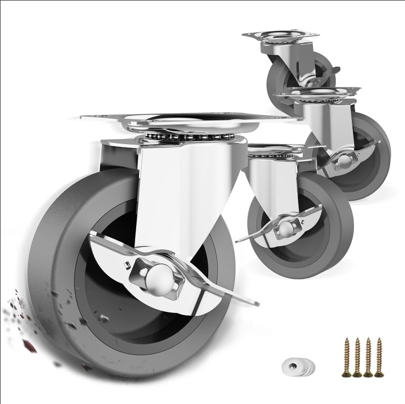 3 Inch Caster Wheels, Casters Set of 4, Heavy Duty Caster with Brake, Locking Castors with Rubber Wheel，Plate Swivel Caster Wheels for Furniture Cart and Workbench