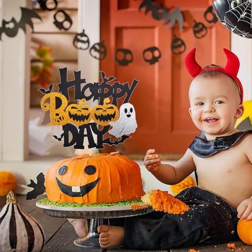 1Pcs Happy Halloween Cake Topper Black Glitter Happy Boo Day Cake Topper Castle Witch Pumpkin Ghost Bat Halloween Cake Decorations Cake Pick for Halloween Birthday Baby Shower Party Supplies