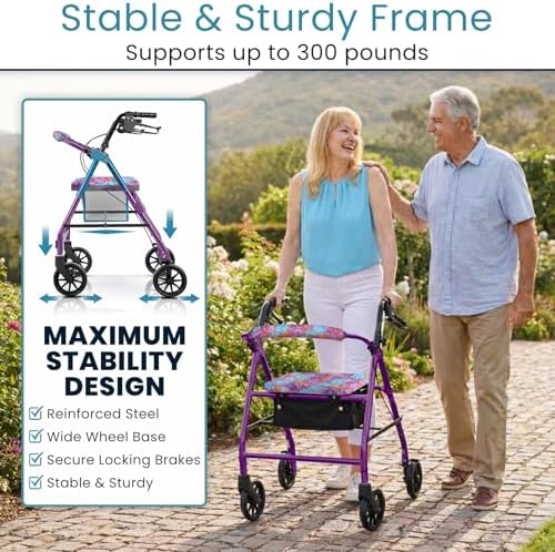 Vive Mobility Steel Rollator Walker with Seat - Foldable, Narrow, Rolling Senior Walker for Small Spaces - 4 Wheel Lightweight Adult Easy Drive with Underseat Storage, Adjustable Height (Black)