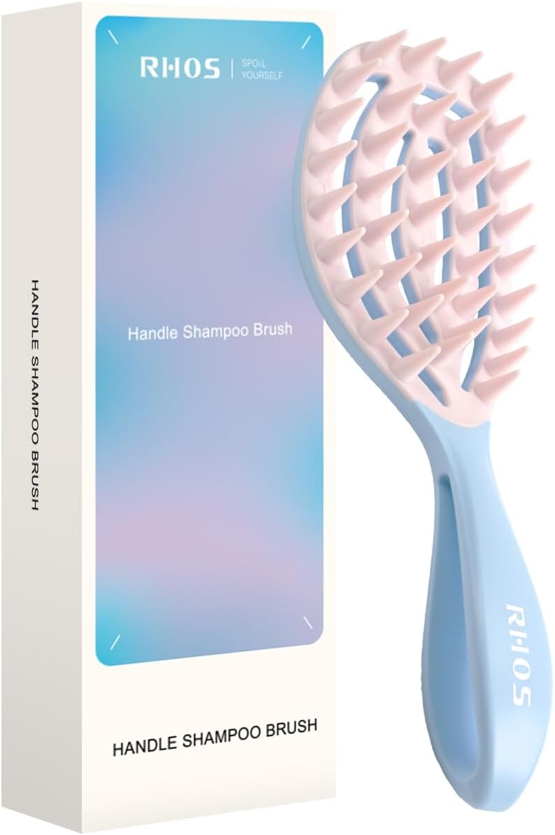 RHOS Scalp Massager, Shampoo Brush with Handle, Curved Vented Hair Scrubber, Scalp Brush for Wet & Dry Hair (Blue)