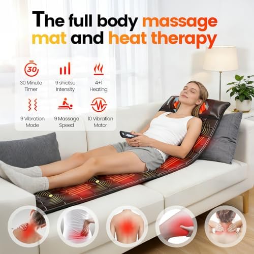 Full Body Massage Mat with Heat, Multiple Modes Neck Massager, Detachable Massage Mats for Full Body, Massage Pad Full Body with 9 Speed Settings and 10 Vibrating Motors for Office Home Use