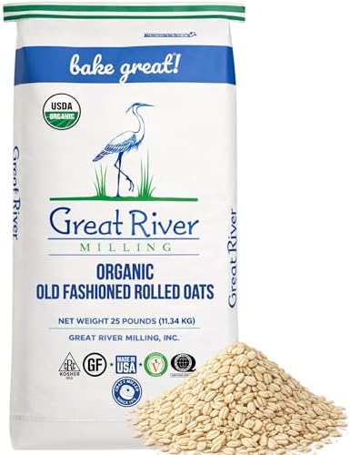 Great River Milling Organic Old Fashioned Rolled Oats | Whole Grain, USDA Organic, Non-GMO, Kosher | Hearty Texture for Oatmeal, Granola, Cookies, Baking & Meal Prep | 25 Lb. (Pack of 1)