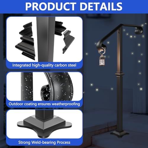 SPACEEUP handrails for Outdoor Steps Single Post handrail Black Step Handrail Stair Railing Fit for 1-2 Steps Wrought Iron Handrail Grab Rail Single Post Railing Kit with Base Plate 38.8"X20.5"