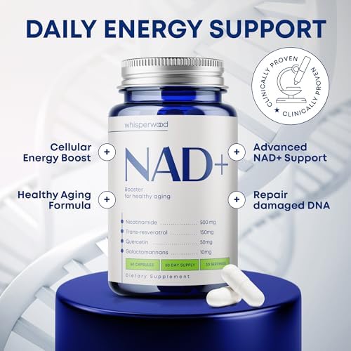 NAD+ Supplement with Nicotinamide Riboside, Trans Resveratrol & Quercetin – NAD Plus Complex for Energy, Brain & Mitochondrial Support – Antioxidant and Longevity Formula for Women & Men – 60 capsules