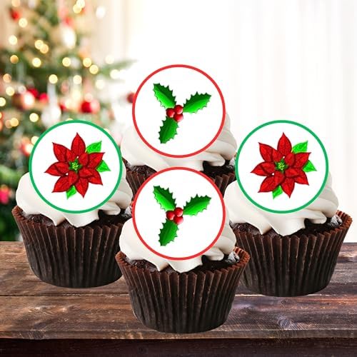 Poinsettia Holly Edible Cupcake Toppers, Christmas Cake Decorations, Christmas Cake Topper, Xmas Poinsettia Cupcake & Cookie Decor, PRECUT 4cm / 1.5 inch Wafer Discs (24)