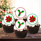 Poinsettia Holly Edible Cupcake Toppers, Christmas Cake Decorations, Christmas Cake Topper, Xmas Poinsettia Cupcake & Cookie Decor, PRECUT 4cm / 1.5 inch Wafer Discs (24)