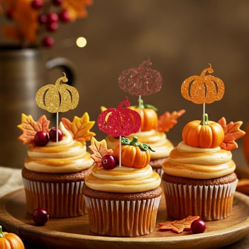 BEISHIDA 24pcs Pumpkin Cupcake Toppers- Glitter Pumpkin Cupcake Picks for Thanksgiving, Baby Shower, Fall Harvest & Birthday Theme Party Cake Decorations Supplies