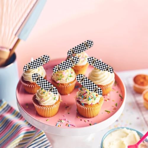 48Pcs Edible Skateboard Cupcake Toppers Checkered Kick Scooter Cupcake Picks for Skateboarding Boys Girls Birthday Cupcake Decorations Skateboard Sport Player Party Decorations