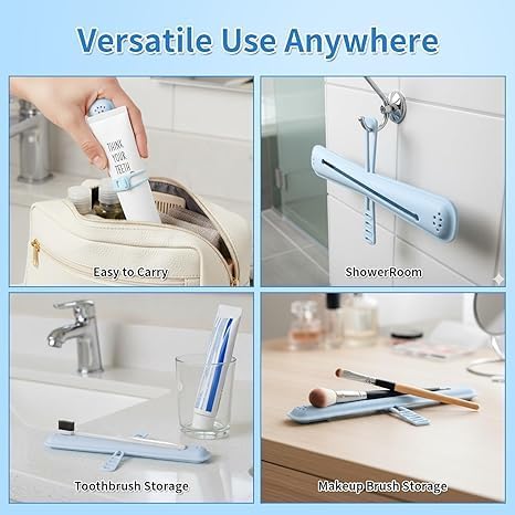 Silicone Travel Toothbrush Case with Toothpaste Storage - Portable Toothbrush Holder for Adults & Kids, Breathable Hanging Design, Compact for Camping, Gym, School, Business Trips (Blue, 1 Pack)