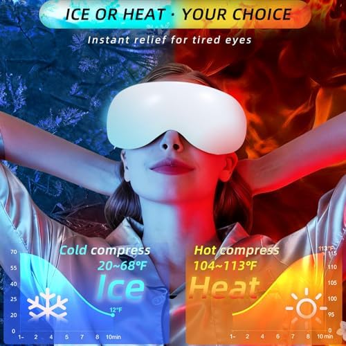 Eye Massager with Heat and Cooling for Migraines – 14 Massage Nodes for Eye Strain Relief, Rechargeable Bluetooth Music, Improve Sleep,Eye Strain Relief, Birthday Gifts for Women and Men(White)