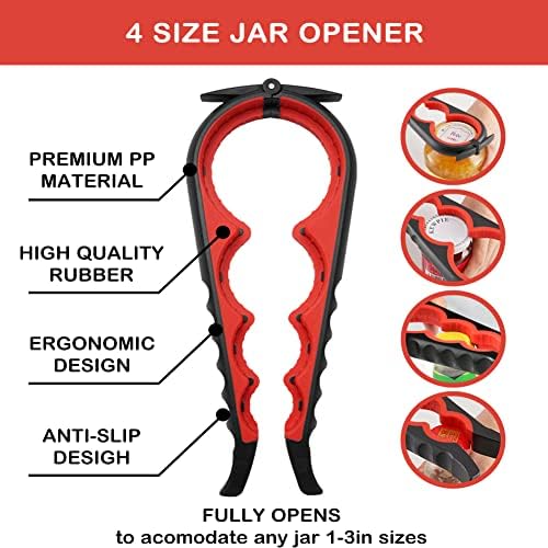 Jar Opener for Weak Hands, Seniors with Arthritis, 5 in 1 Multi Function Bottle Opener Lid Opener For Arthritic Hands with Non Slip Rubber Jar opener Gripper Pad(red)