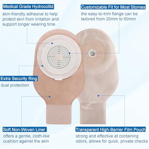One Piece Colostomy Bags, 10 PCS Drainable Pouches with Clamp Closure, Ostomy Supplies for Ileostomy Urostomy Stoma Care, Cut to Fit Max 20-60mm Non-Woven Lining