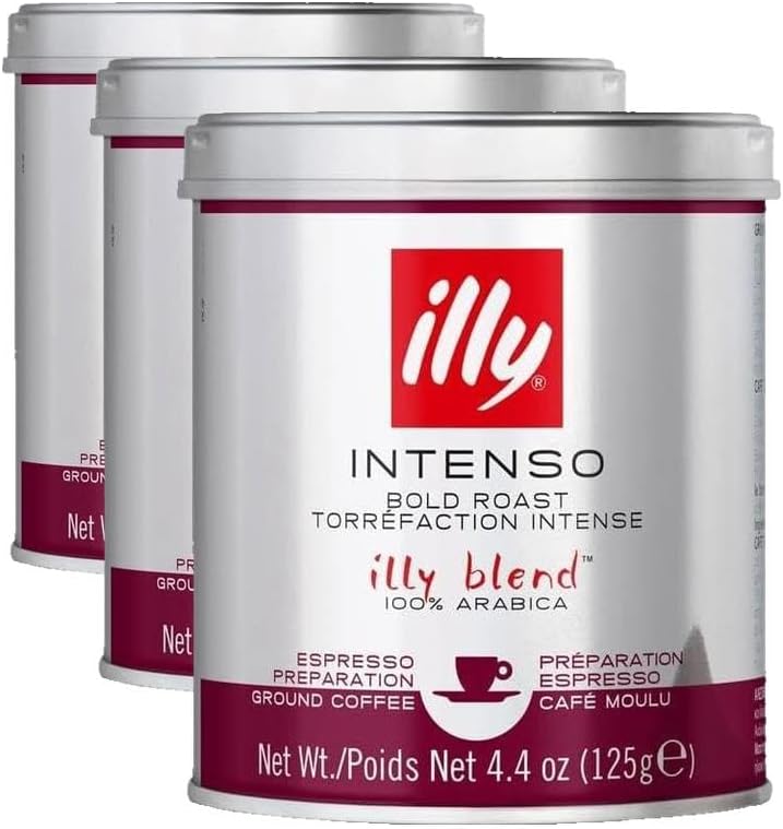 illy Intenso Espresso Ground Coffee, Dark Roast, Robust and Full Flavored With Notes of Deep Cocoa, All-Natural, No Preservatives, 4.4oz (Pack of 3)