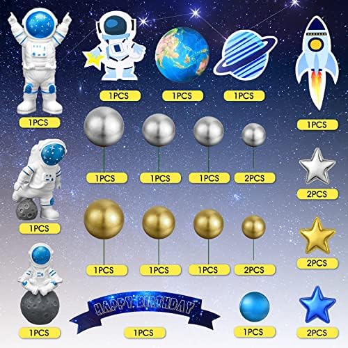 Epakh 24 Pcs Astronaut Space Cake Toppers Outer Space Cake Decorations Astronaut Figurine Birthday Party Supplies Planet Rocket Satellite Pearl Balls Stars for Baby Shower DIY Activity(Blue)