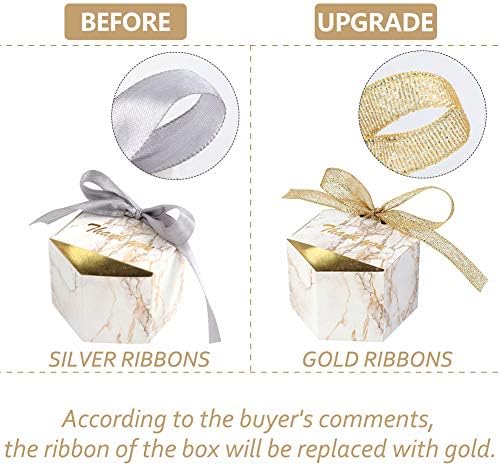 AerWo 50pcs Marble Wedding Party Favor Boxes, Gold Candy Boxes Bags Hexagonal Chocolate Treat Gift Boxes with Ribbons for Bridal, Baby Shower Birthday Decoration