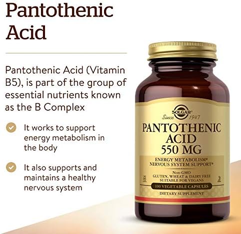 Solgar Pantothenic Acid 550 mg Vegetable Capsules Vitamin B5 Energy Metabolism Nervous System Support Gluten Free Dairy Free Kosher Servings, Standard Packaging, 100 Count