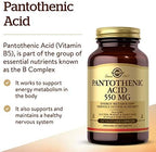 Solgar Pantothenic Acid 550 mg Vegetable Capsules Vitamin B5 Energy Metabolism Nervous System Support Gluten Free Dairy Free Kosher Servings, Standard Packaging, 100 Count