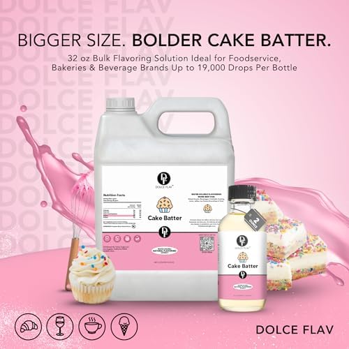 Dolce Flav Cake Batter Flavoring – 32 Ounce Water-Soluble Kosher, Sugar-Free, Concentrated Birthday Cake Flavor for Frosting, Cupcakes & Ice Cream
