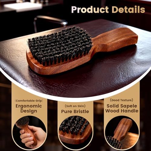 Beard Brush for Men, Natural Boar Bristle Sapele Wood Brush for Beard and Hair, Men's Grooming Kit with Pocket Beard Comb for Facial Hair Styling, Growth, Shine