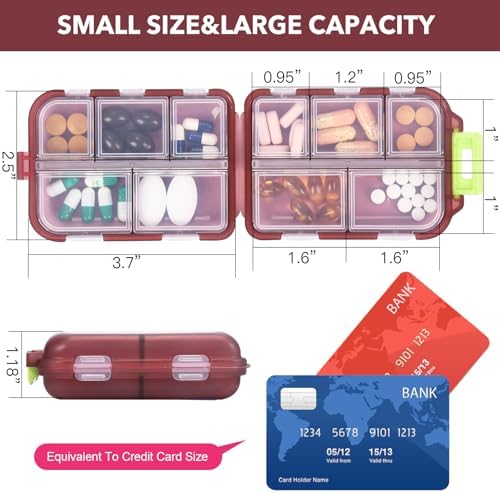 Medicine Pill Organizer With 189 Labels, 10 Compartments Travel Pill Box, Mini Case, Compact Container for Purse (Brown)