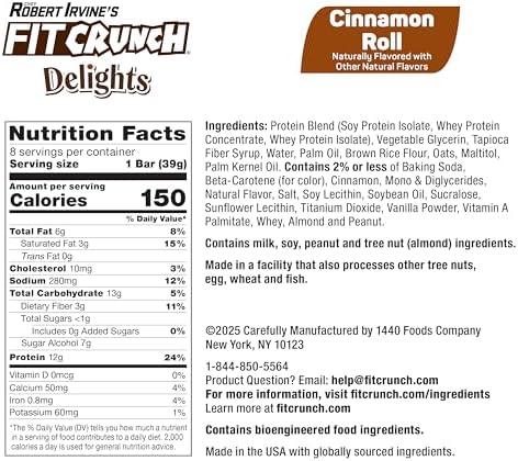 FITCRUNCH Delights Protein Bar, 12g of Protein & 1g of Sugar (8 Bars, Cinnamon Roll)