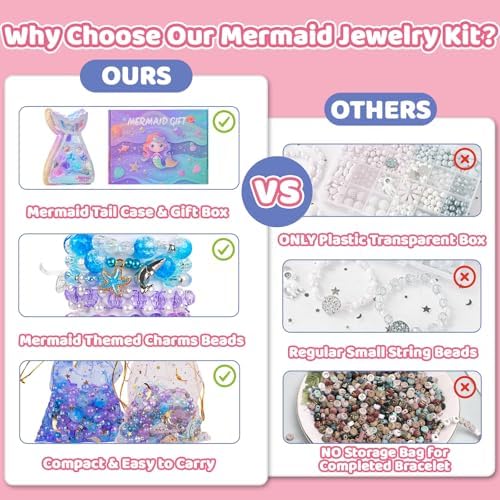Danvren Mermaid Bracelet Making Kit for Girls, Mermaids Toys Jewelry Craft Christmas Birthday Gifts for Girl, 200+ DIY Beads,Charm Necklace Making Kits for Kids Ages 5-10