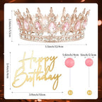 8 Pcs Pink Queen Crown Cake Topper for Women, Happy Birthday Cake Toppers Foam Balls Rhinestone Crystal Tiara Wedding Decoration for Princess Party Photo Props