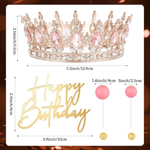 8 Pcs Pink Queen Crown Cake Topper for Women, Happy Birthday Cake Toppers Foam Balls Rhinestone Crystal Tiara Wedding Decoration for Princess Party Photo Props