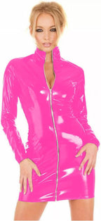 Women Sexy Zipper PVC Mini Dress Catsuit Novelty Club Party Dress Bodycon Long Sleeve Turtleneck,Pink,XXL