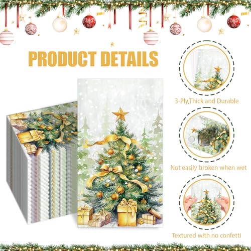 100 Pcs Christmas Paper Napkins Disposable Cocktail Napkins Golden Xmas Tree Guest Dining Table Bathroom Hand Towel for Winter Holiday Party Dinner