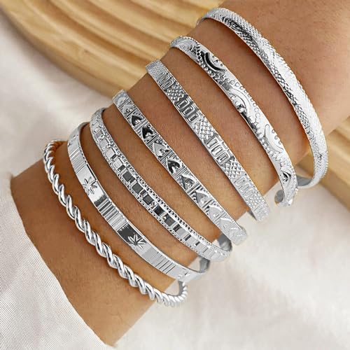 IFKM Gold Bangle Bracelets For Women, 14k Gold Plated Multi Layer Stackable Cuff Bracelet Set, Trendy Elegance Charms Non Tarnish Minimalist Textured Boho Jewelry Gift for Women