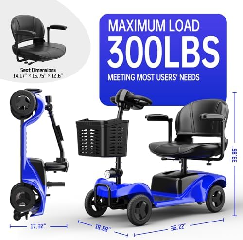 Mobility Scooter for Adults,4 Wheel Mobility Scooter,15 Miles Range,300WH Battery,300LBS Capacity,Lightweight and Portable,with LED Headlights and Basket,Charger Included (Blue)